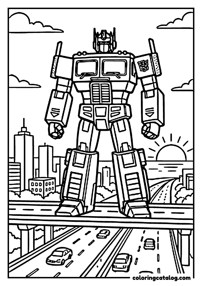 Printable Transformers coloring page: Optimus Prime towering over a highway overpass at sunset, the city skyline behind him