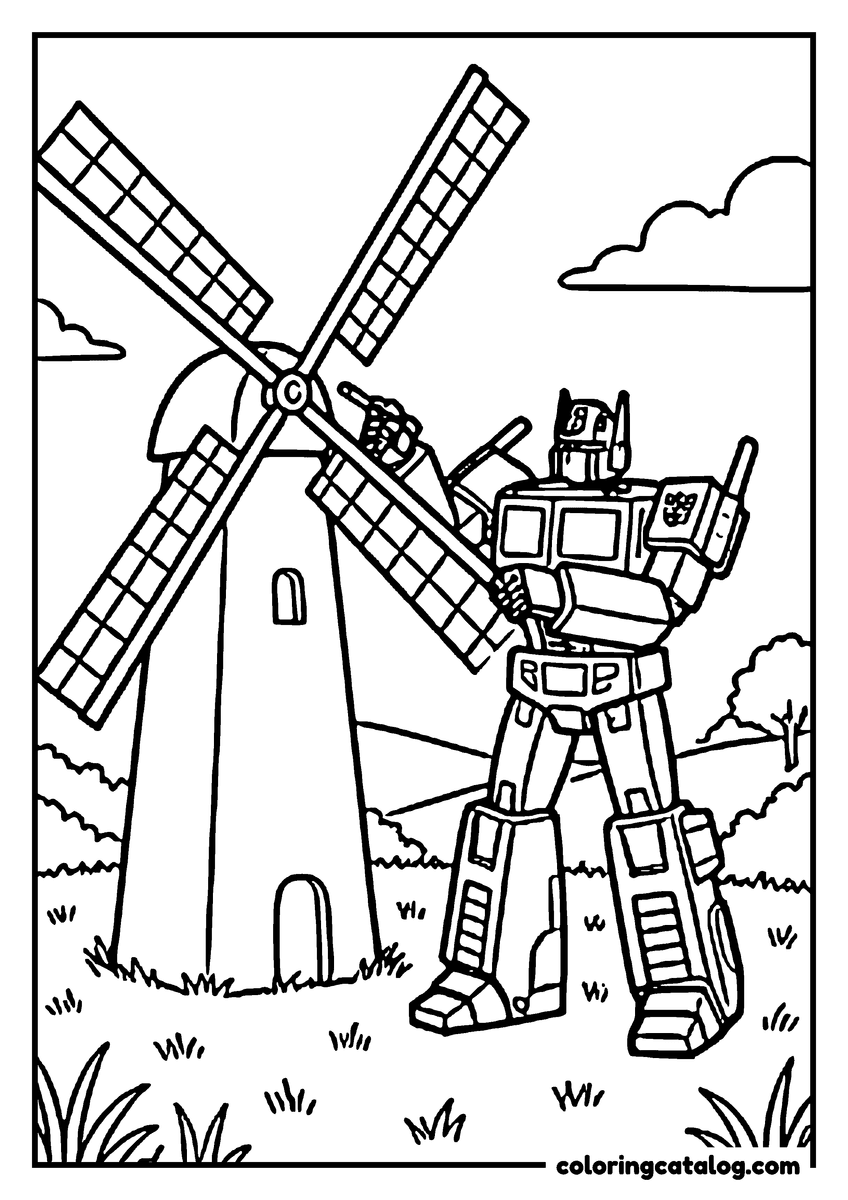 Free Transformers coloring sheet: Optimus Prime fixing the sail of a windmill on a grassy hill