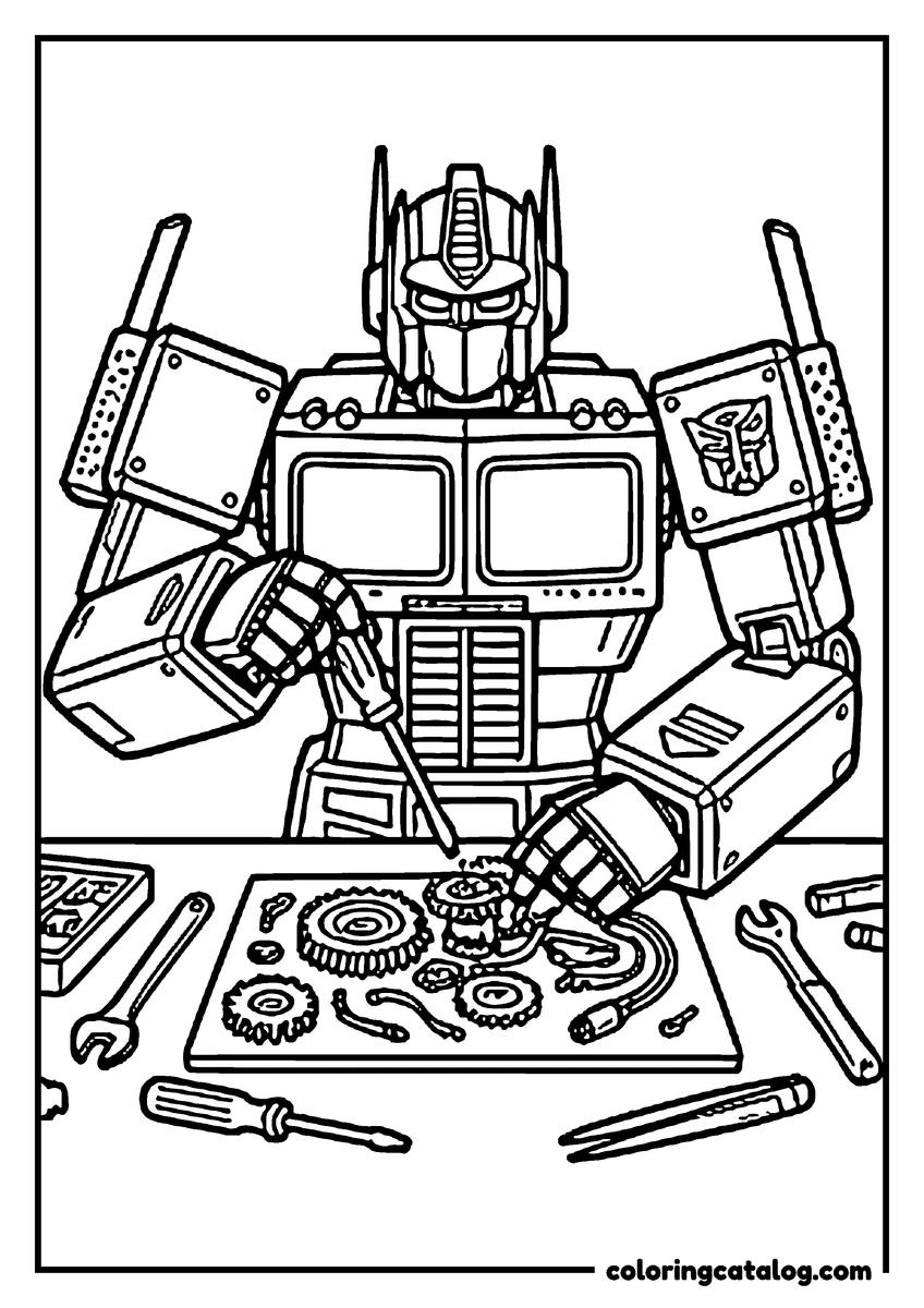 Transformers coloring page: Optimus Prime at a workbench fixing his own forearm with a tool, gears and parts spread out