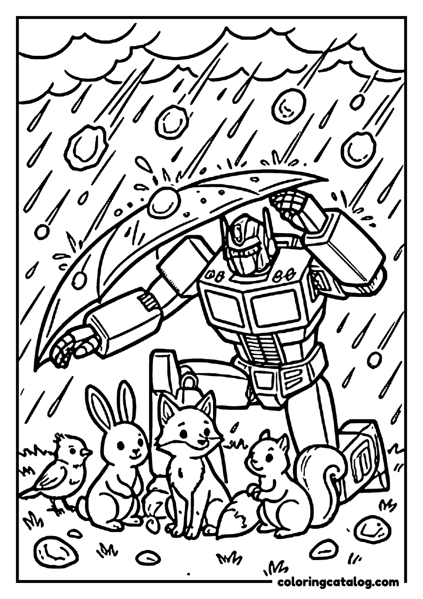 Printable Transformers coloring page: Optimus Prime holding a metal panel over a bunny, a fox, a squirrel and a bird during a hailstorm