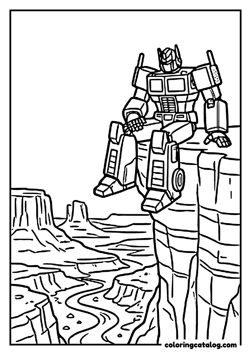 Free Transformers coloring sheet: Optimus Prime sitting on the edge of a canyon with his legs hanging over, a river far below