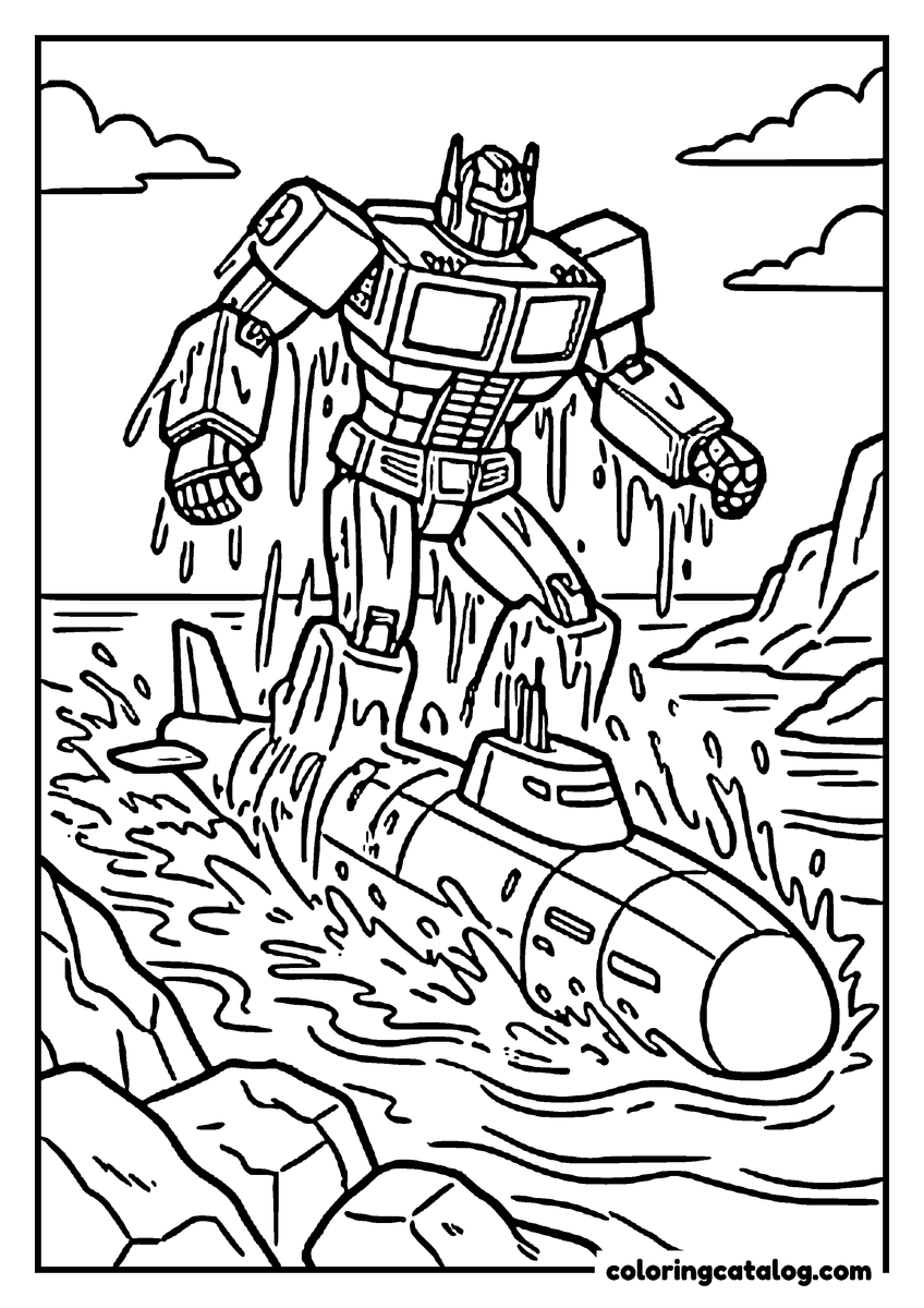 Transformers coloring page: Optimus Prime rising from the sea on a rocky shore as his lower half turns into a submarine