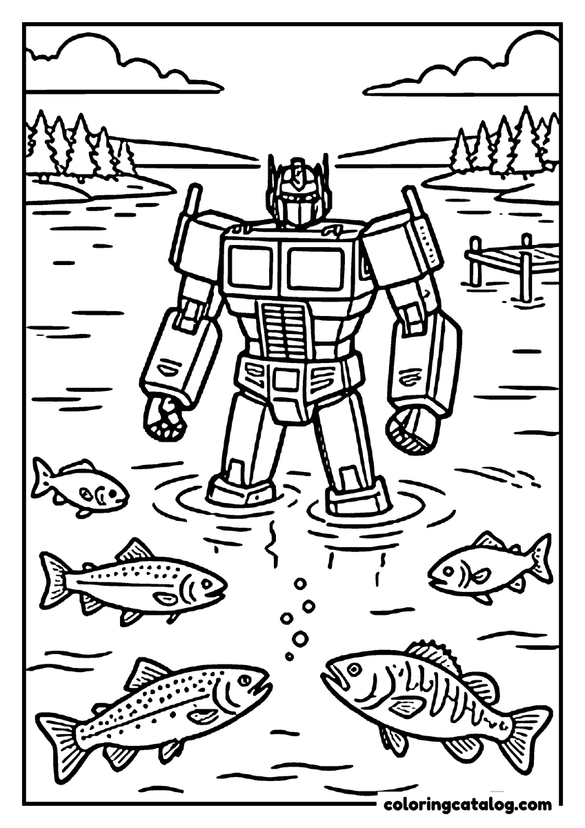 Transformers coloring page: Optimus Prime standing waist deep in a lake while fish swim around his legs