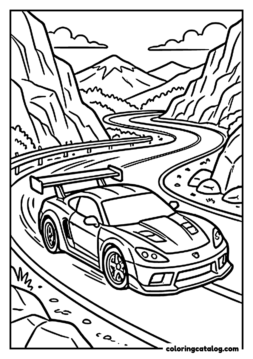 Printable Transformers coloring page: A sports car with a rear spoiler cornering on a winding mountain road