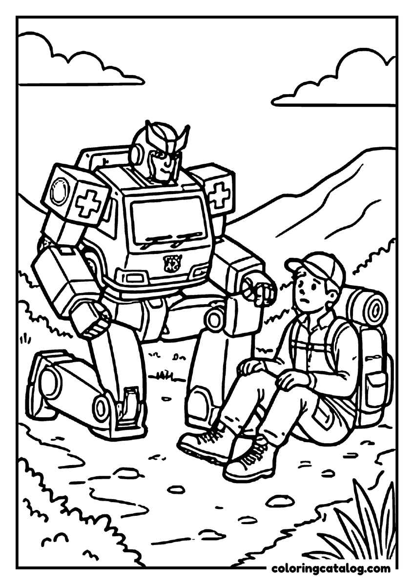 Transformers coloring page: Ratchet, the ambulance robot, kneeling beside a stranded hiker resting on a mountain trail