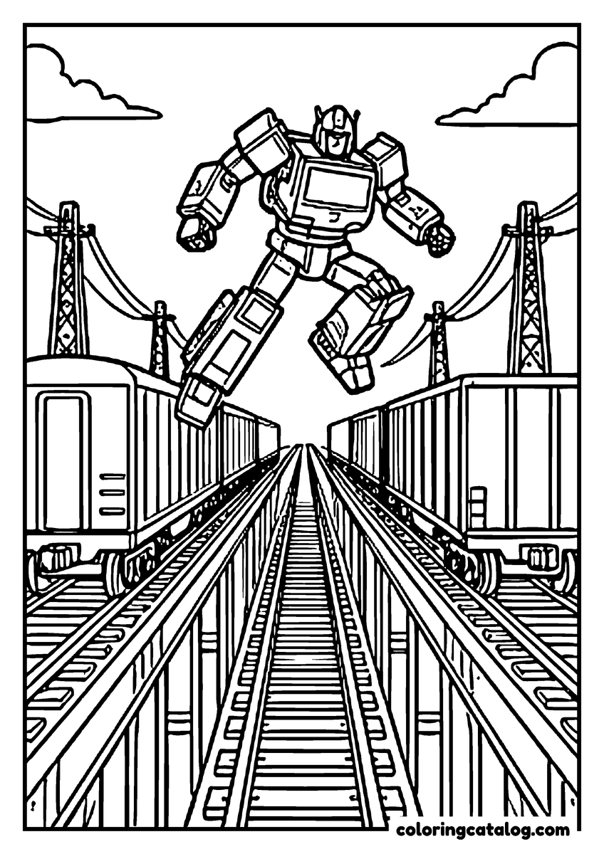 Printable Transformers coloring page: A robot leaping between two freight trains on a rail bridge