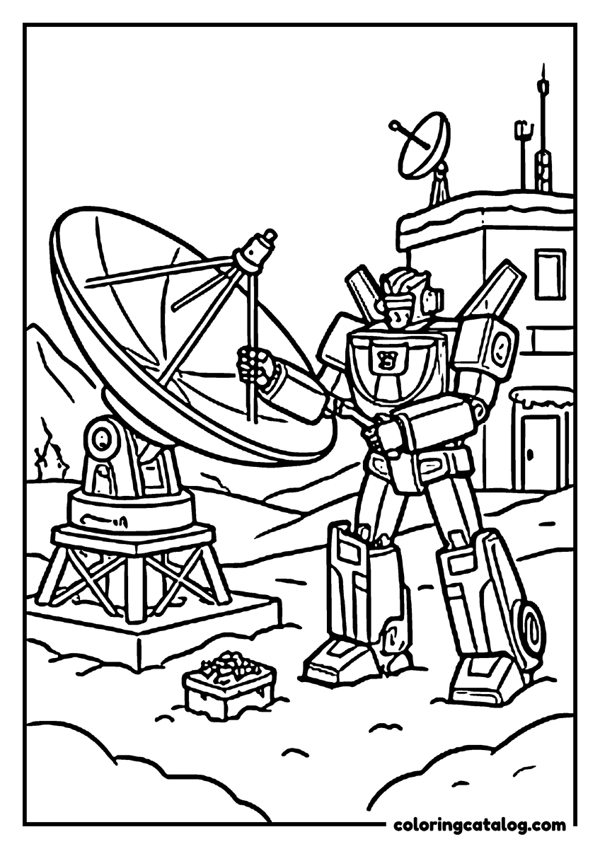 Free Transformers coloring sheet: A robot repairing a big satellite dish at a research station on a hill