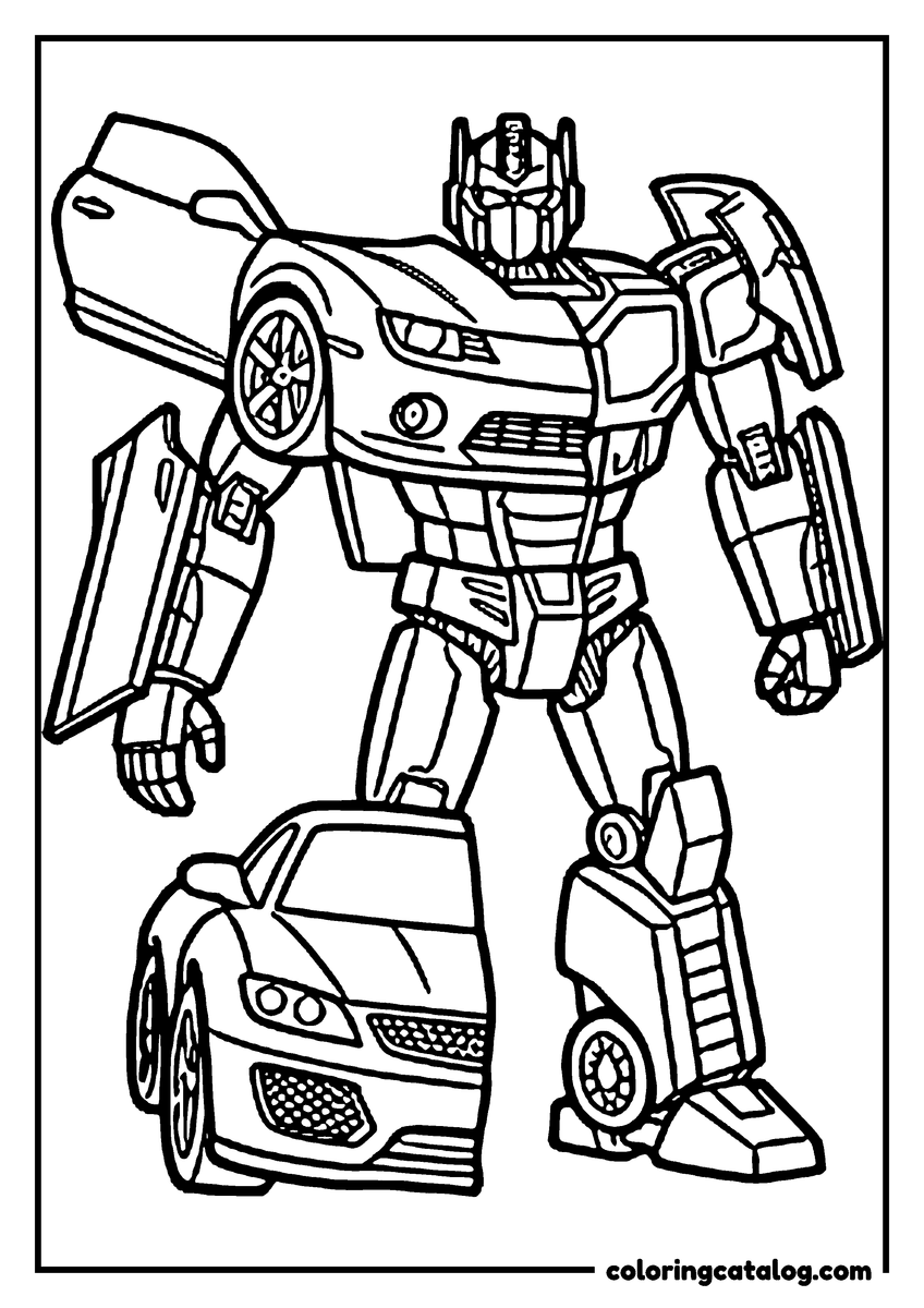 Printable Transformers coloring page: A robot in mid transformation, half sports car and half standing robot, panels folding along its arms