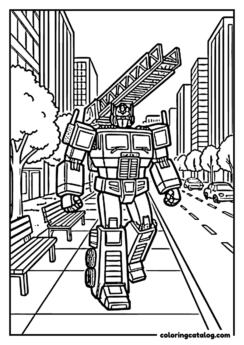 Printable Transformers coloring page: A robot carrying a fire engine ladder on its shoulder, walking down a wide city avenue