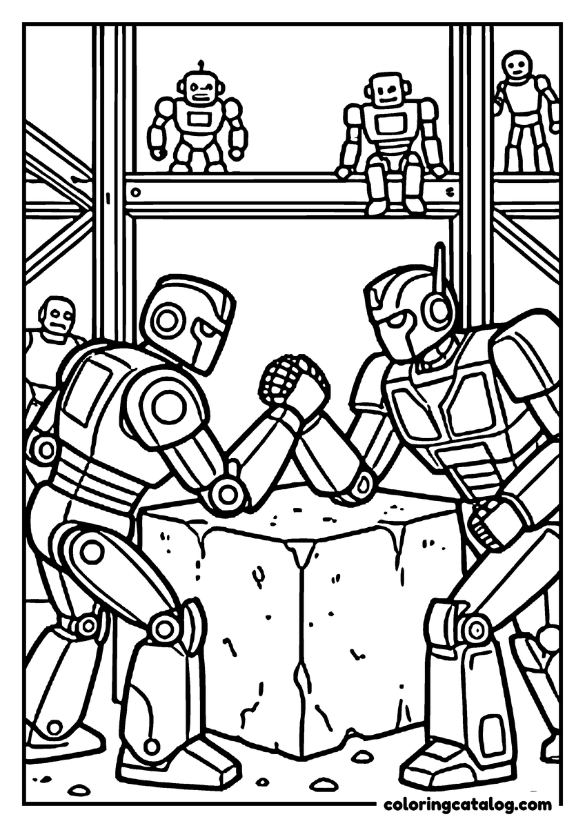 Free Transformers coloring sheet: Two robots arm wrestling on a concrete block while small robots watch from steel girders