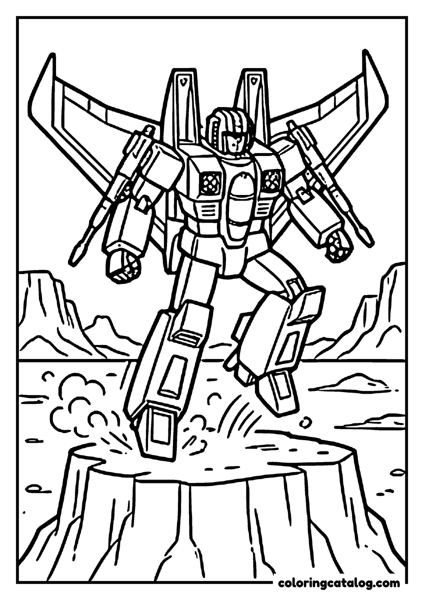 Transformers coloring page: Starscream, the jet robot with swept wings on his back, landing on a desert mesa in a cloud of dust