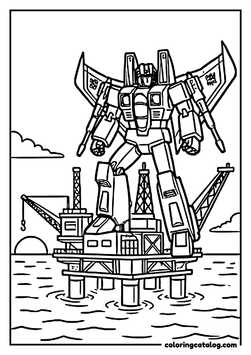 Transformers coloring page: Starscream perched on an offshore platform at dawn, his wings folded behind him