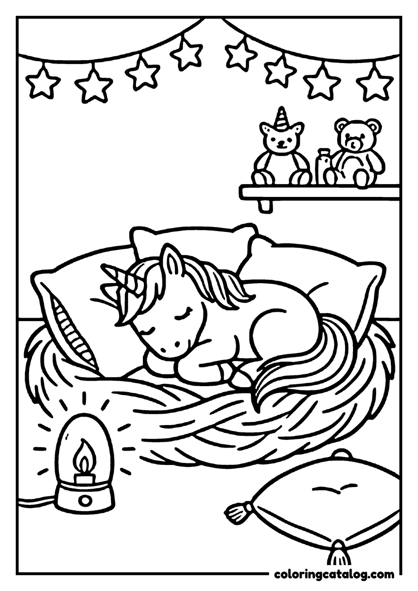 Coloring page: A baby unicorn asleep in a nest of cushions, a lantern beside it, star bunting above and a shelf of toys behind