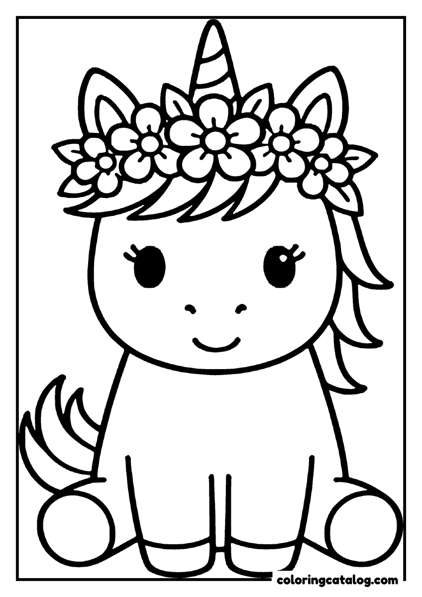 Free printable coloring sheet: A baby unicorn sitting in a flower crown, round proportions and a short mane in thick strands
