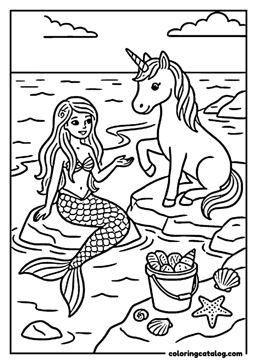 Printable coloring page: A mermaid and a unicorn are standing on rocks by the sea, with shells and a bucket nearby