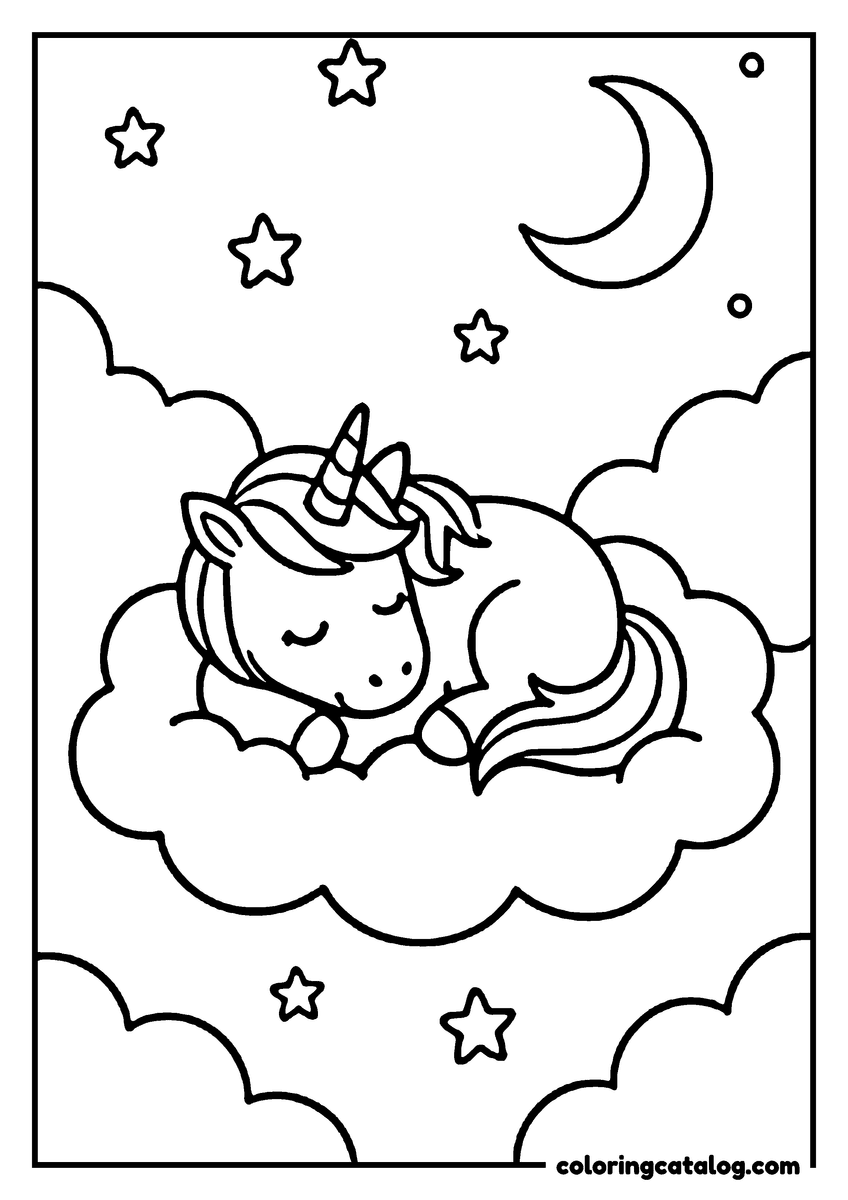 Free printable coloring sheet: A sleeping unicorn rests on a cloud under a crescent moon and stars
