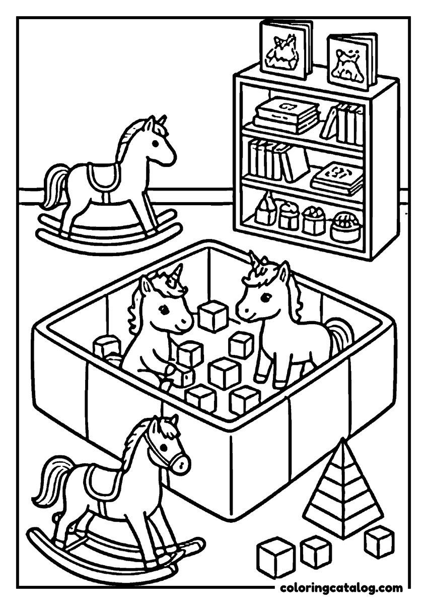 Printable coloring page: Two baby unicorns in a playpen of soft blocks, two rocking horses beside them and a shelf of picture books