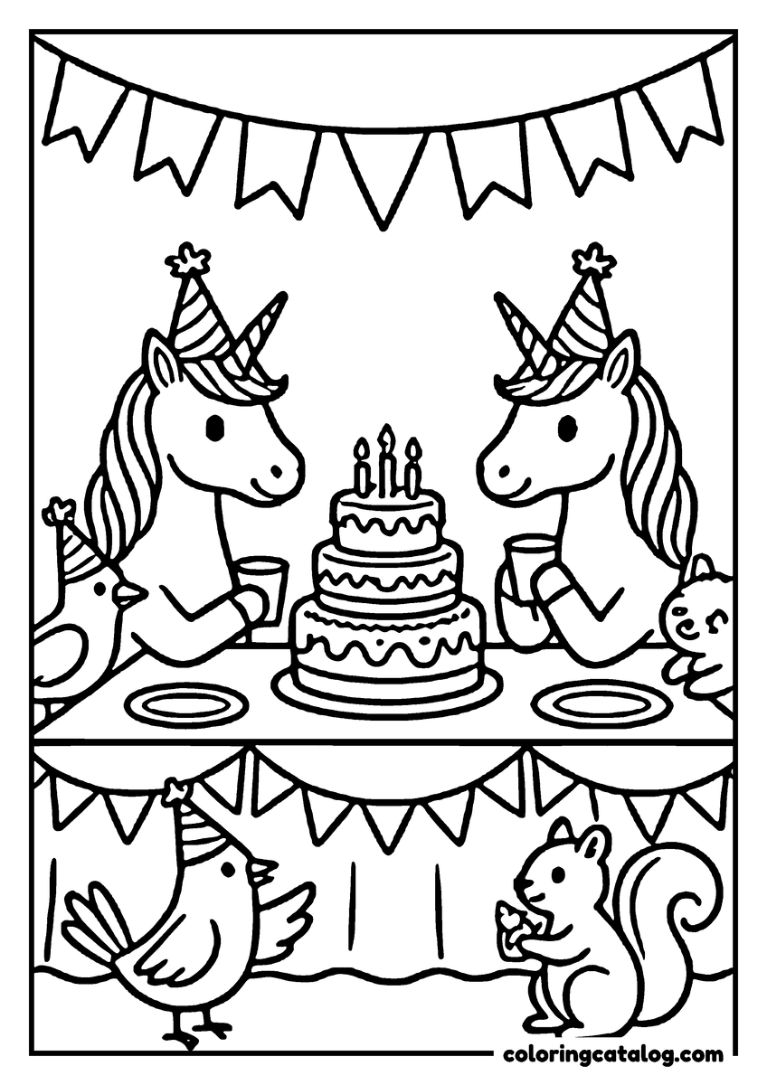 Printable coloring page: Two unicorns in party hats at a table with a tiered cake, bunting above and a bird and a squirrel joining in