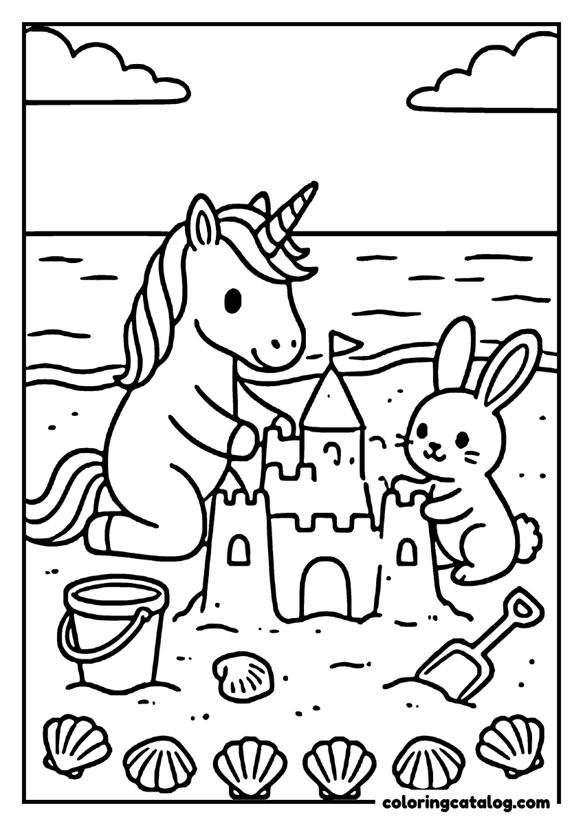 Printable coloring page: A unicorn and a bunny build a sandcastle on the beach, surrounded by seashells and a bucket and shovel