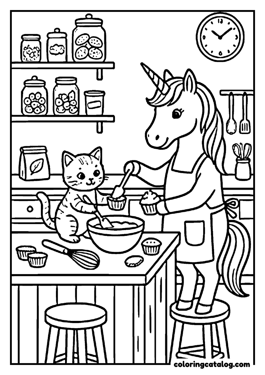 Printable coloring page: A unicorn and a cat are baking cupcakes in a cozy kitchen