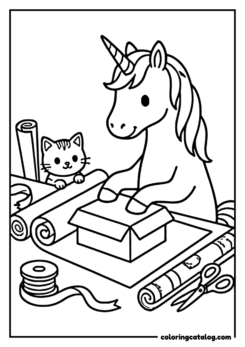 Coloring page: A unicorn and a cat wrapping a present at a table, a spool of ribbon, scissors and rolls of paper beside them