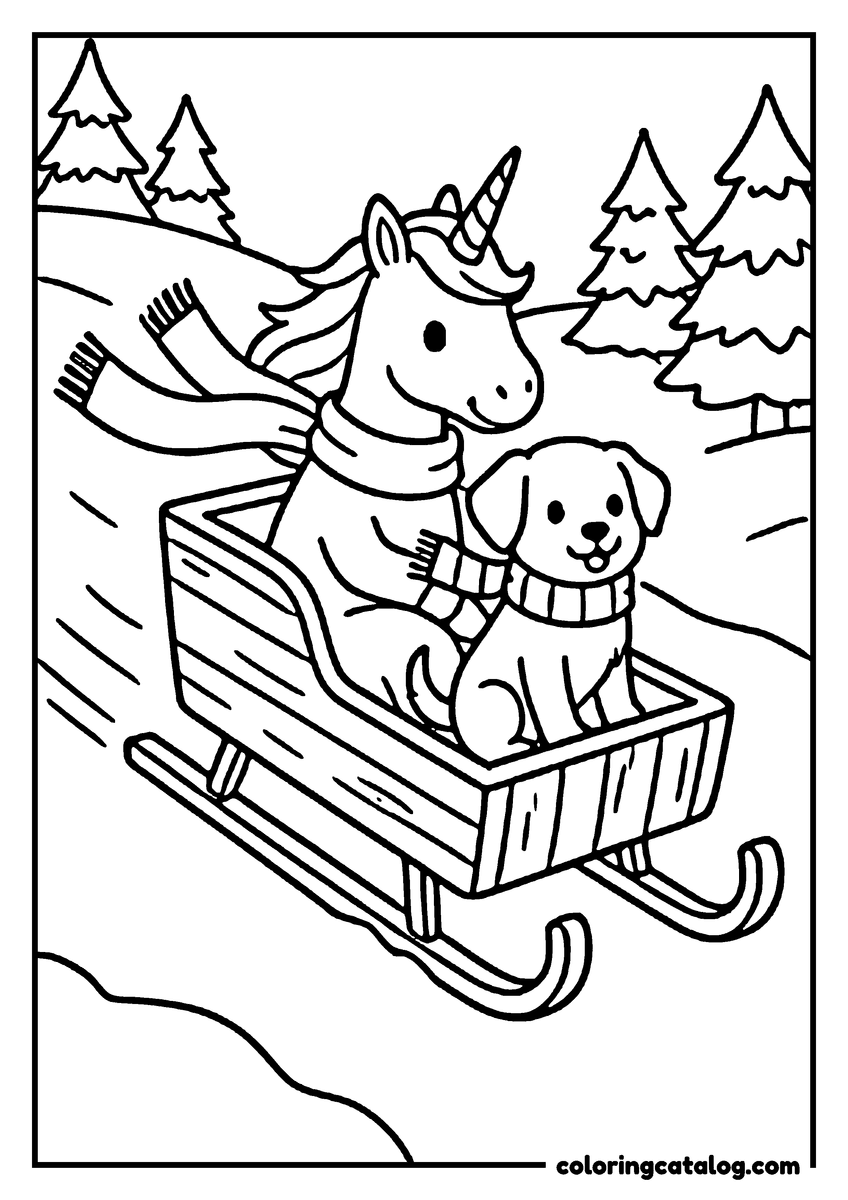 Printable coloring page: A unicorn and a dog are sledding in a snowy landscape