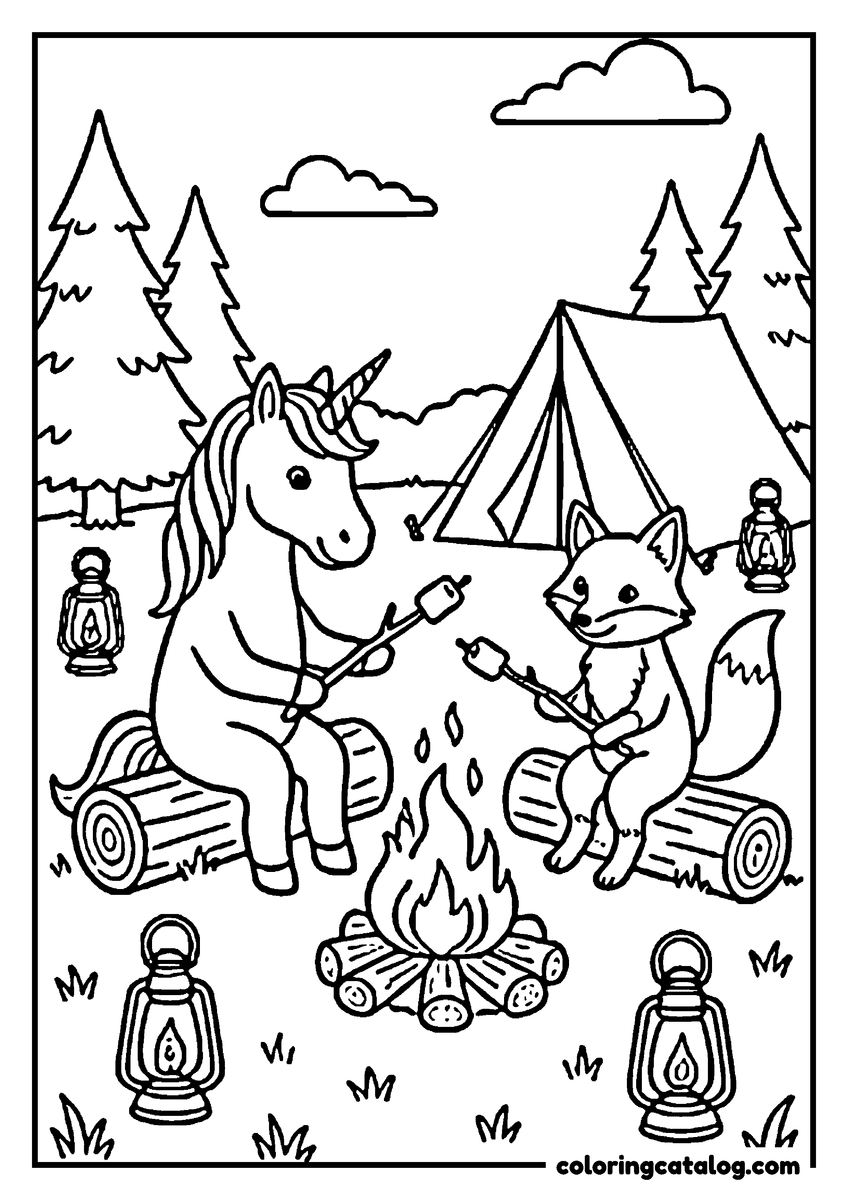 Free printable coloring sheet: A unicorn and a fox are roasting marshmallows over a campfire in a forest
