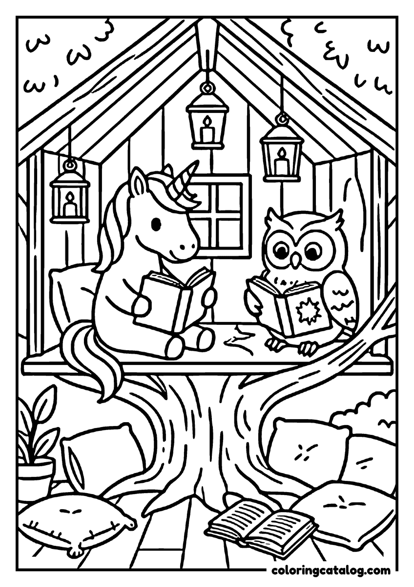 Coloring page: A unicorn and an owl are reading books in a cozy treehouse with lanterns hanging from the ceiling