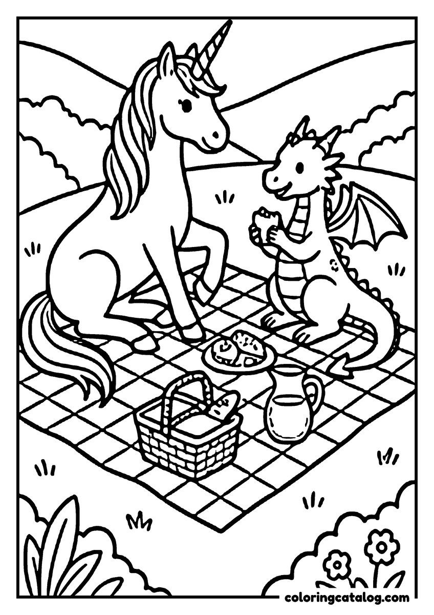 Free printable coloring sheet: A unicorn and a dragon on a checked picnic blanket, a basket, a jug and a plate of buns between them