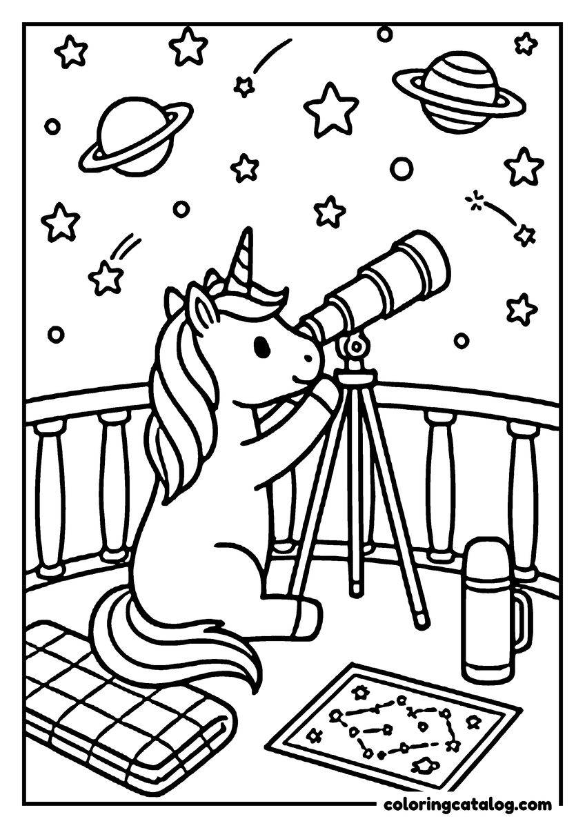 Printable coloring page: A unicorn at a telescope on a balcony under the stars, a folded blanket, a thermos and a star chart at its feet