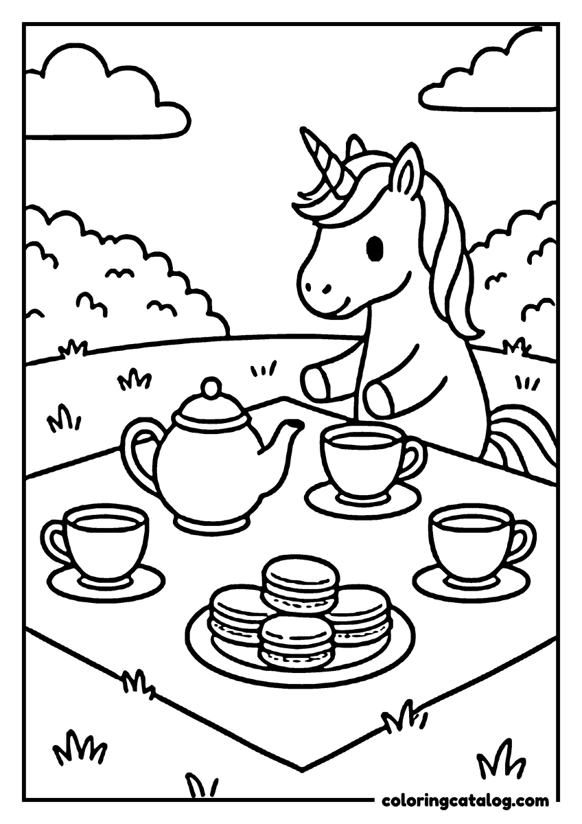 Coloring page: A unicorn at an outdoor tea party with a teapot, three cups and a plate of macarons on the cloth