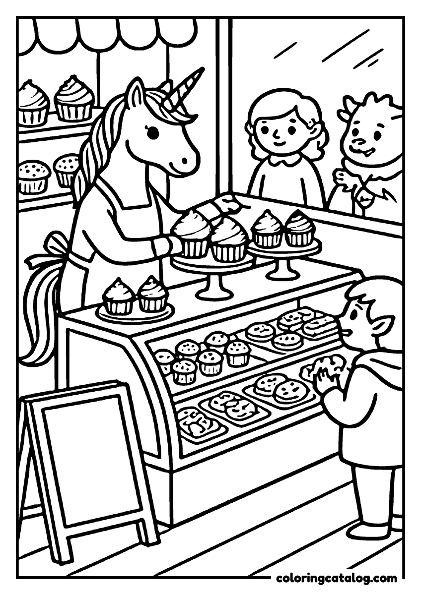 Printable coloring page: A unicorn baker behind a counter of cupcakes, a glass display case, a chalk board and three customers waiting