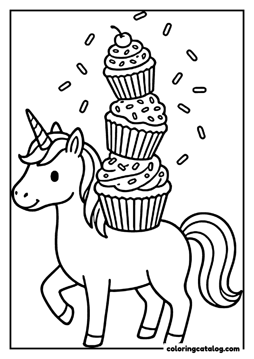 Free printable coloring sheet: A unicorn carrying a stack of three cupcakes on its back, sprinkles falling all around