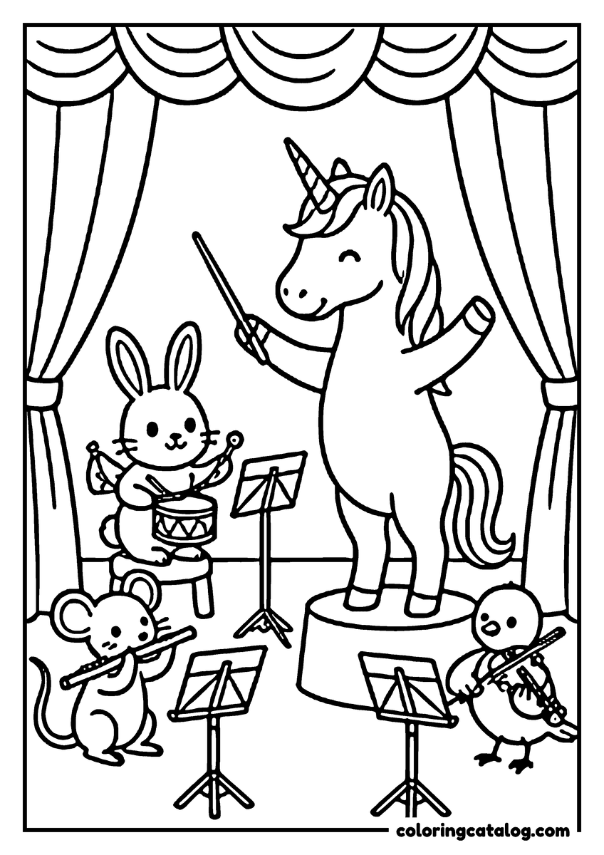 Printable coloring page: A unicorn conducting a small orchestra of animals on a stage, a rabbit on drums, a mouse on the flute and a bird on the violin