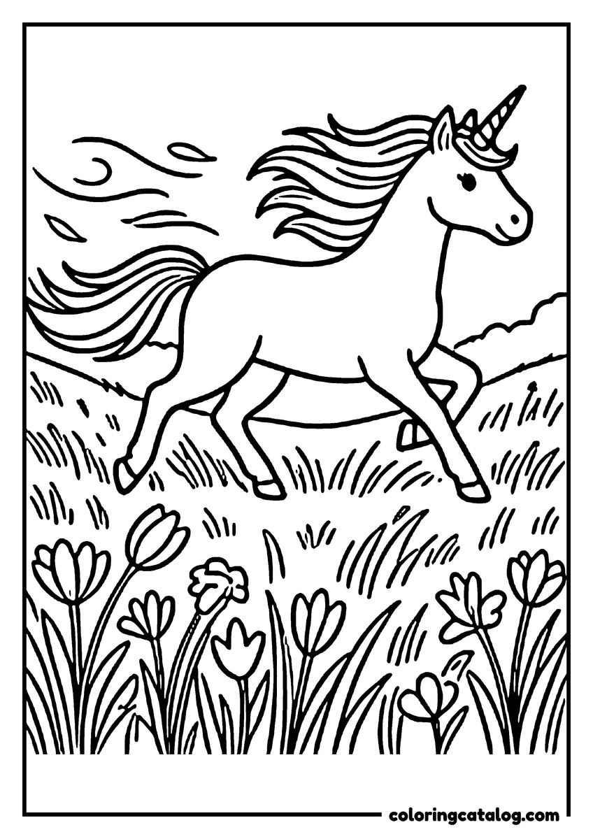 Printable coloring page: A unicorn with a flowing mane and tail galloping over a meadow of tulips