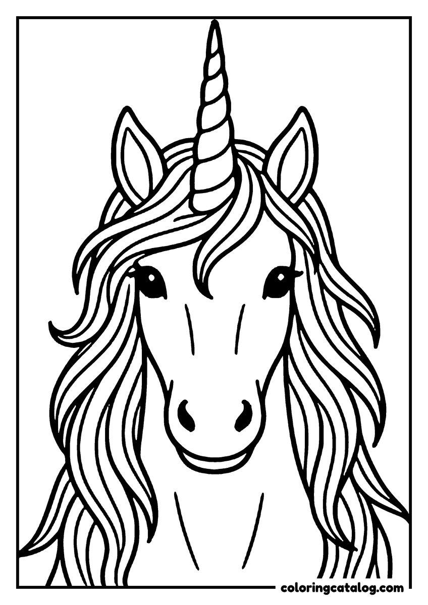 Coloring page: A unicorn head portrait facing forward, the spiral horn tall and the mane falling in long thick strands
