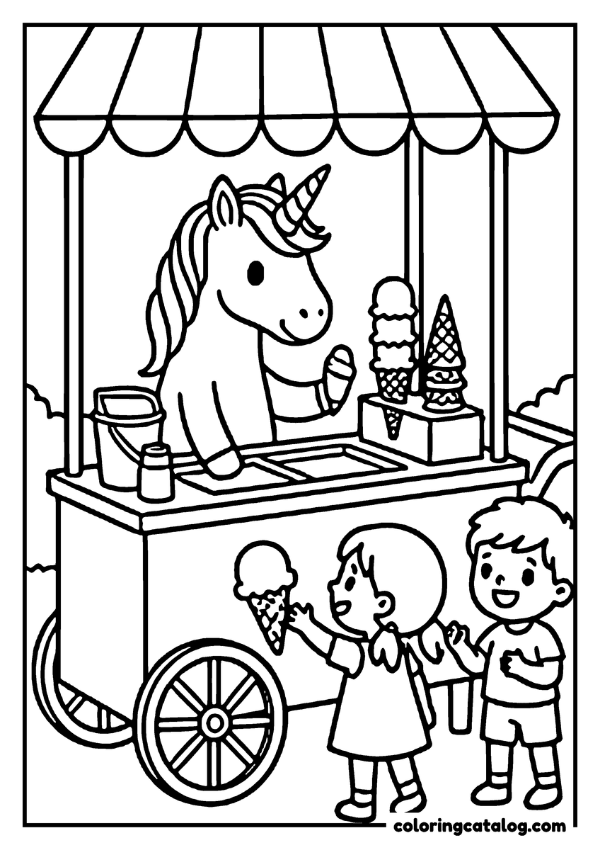 Coloring page: A unicorn ice cream cart sells ice cream to two children, under a striped canopy