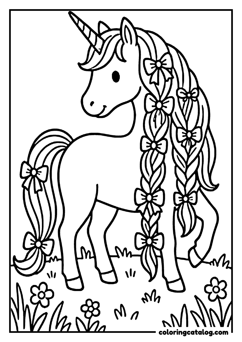 Free printable coloring sheet: A unicorn in a meadow with a long braided mane tied with bows, flowers and grass around its hooves