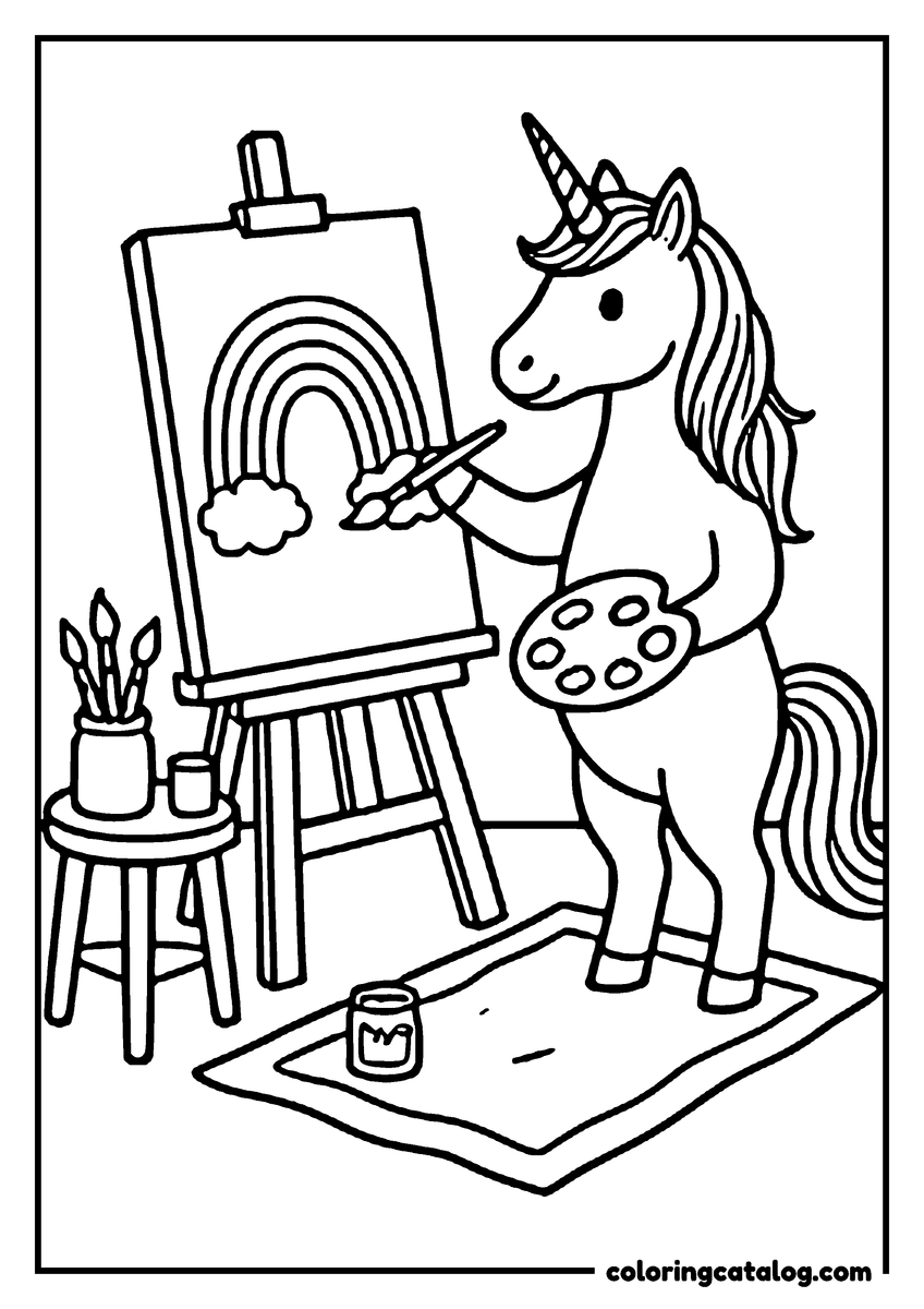 Printable coloring page: A unicorn is painting a rainbow on an easel in a cozy room