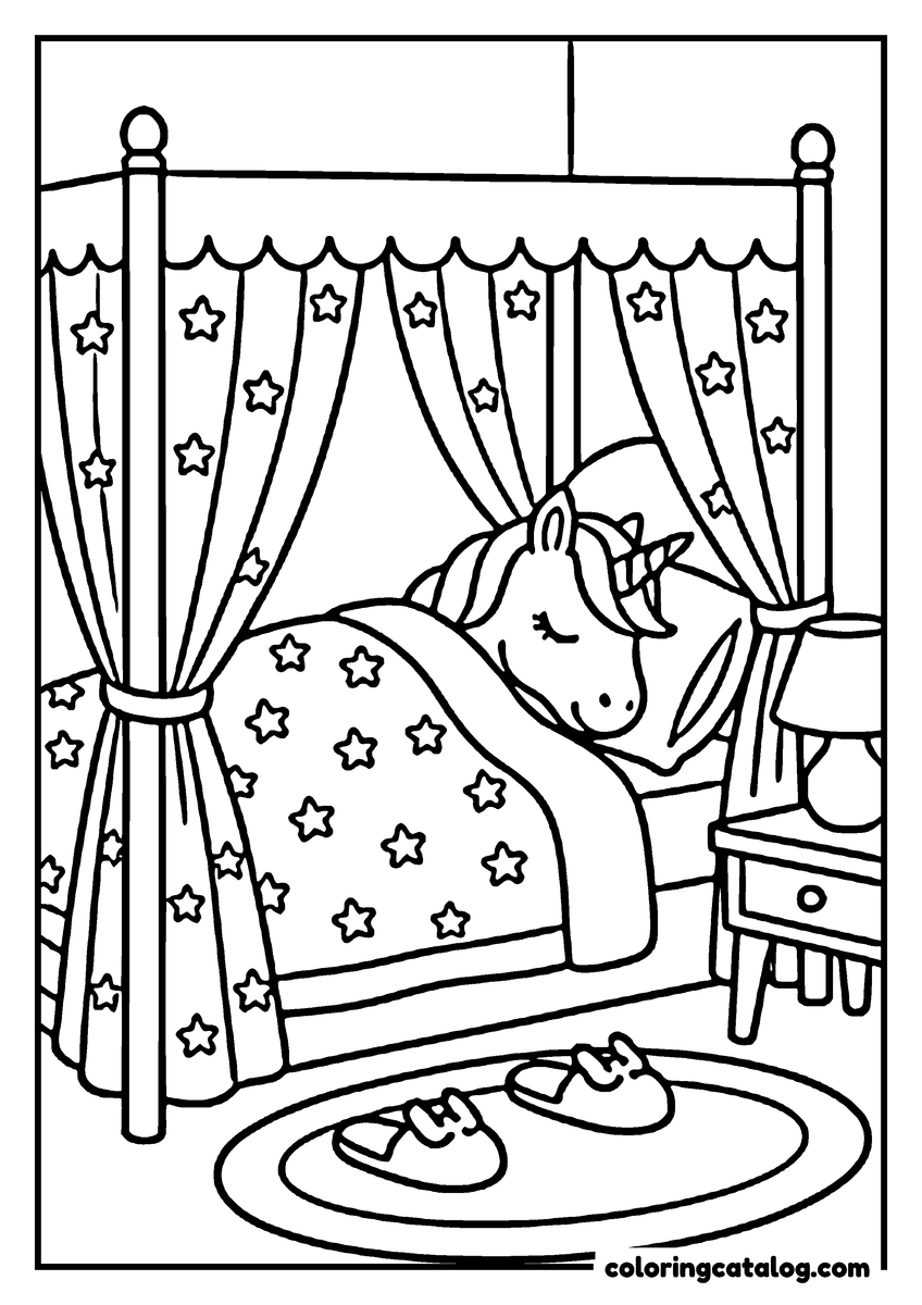 Printable coloring page: A unicorn is sleeping peacefully in a cozy bedroom with star-patterned curtains and a nightstand