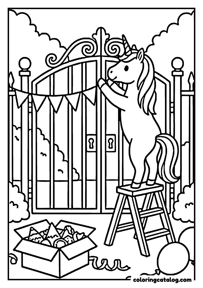 Free printable coloring sheet: A unicorn on a stepladder hanging bunting across a garden gate, a box of decorations and a balloon below