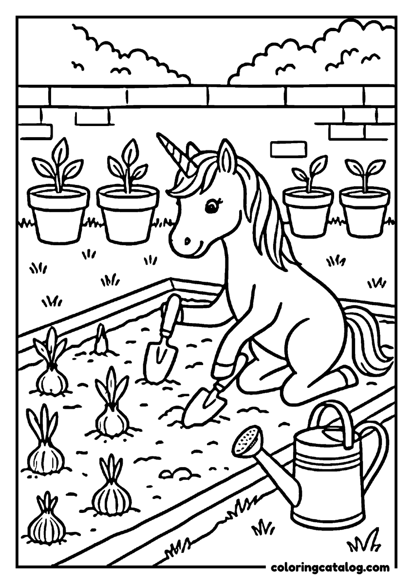 Free printable coloring sheet: A unicorn planting bulbs in a raised garden bed, a trowel in the soil, a watering can and pots of seedlings behind