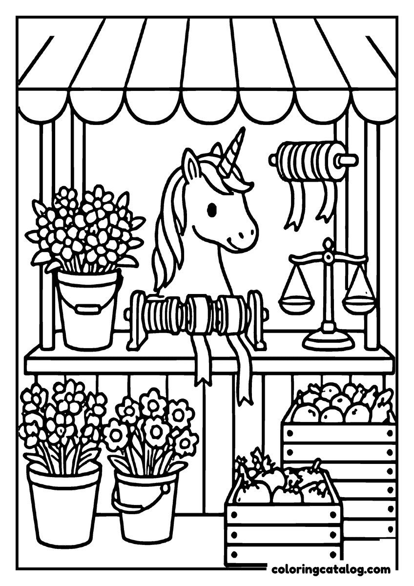 Free printable coloring sheet: A unicorn behind a market stall of flowers, ribbons and crates of fruit, a set of scales on the counter