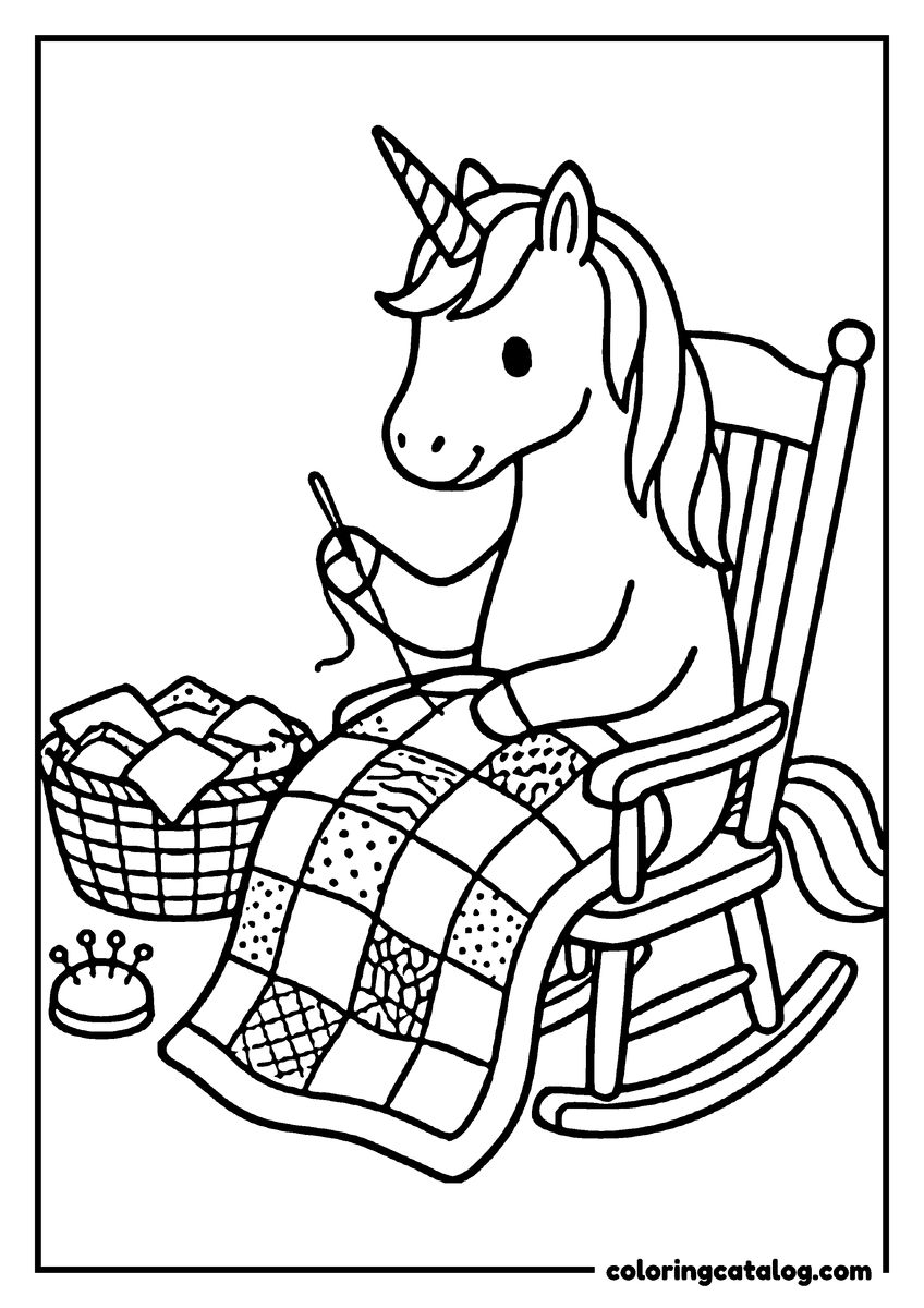 Free printable coloring sheet: A unicorn sewing a patchwork quilt in a rocking chair, a basket of fabric squares and a pincushion beside