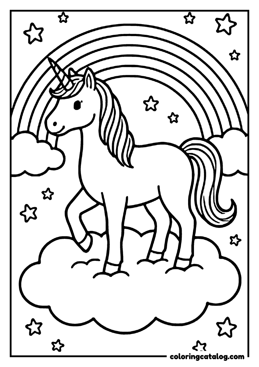 Free printable coloring sheet: A unicorn standing on a cloud with a rainbow arching behind it and stars scattered around