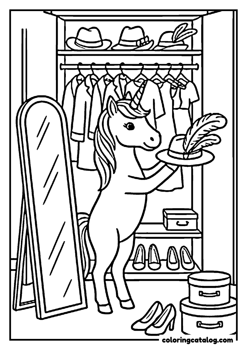 Free printable coloring sheet: A unicorn trying on a hat in front of a tall mirror, a rail of clothes, a shelf of hats and shoes in a row