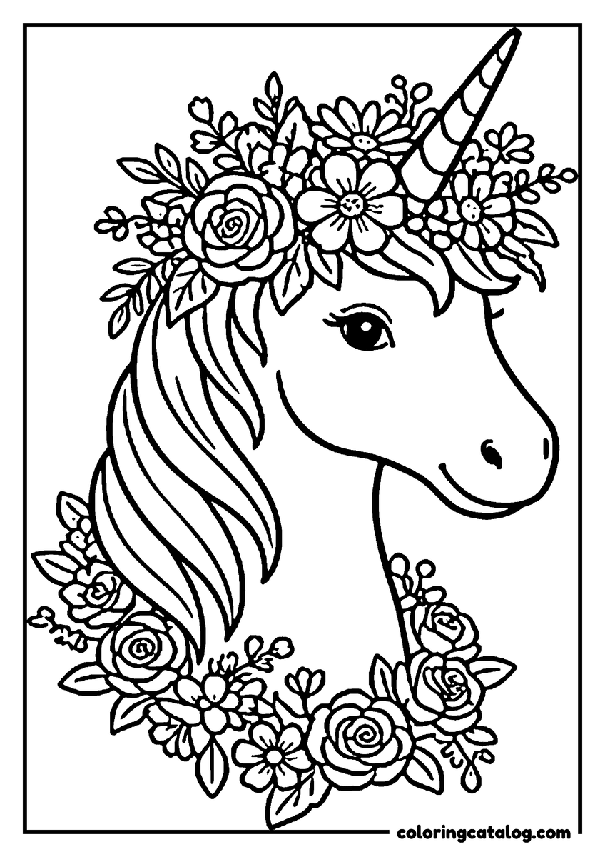 Coloring page: A unicorn head in profile wearing a floral crown, a wreath of roses and leaves curling below it