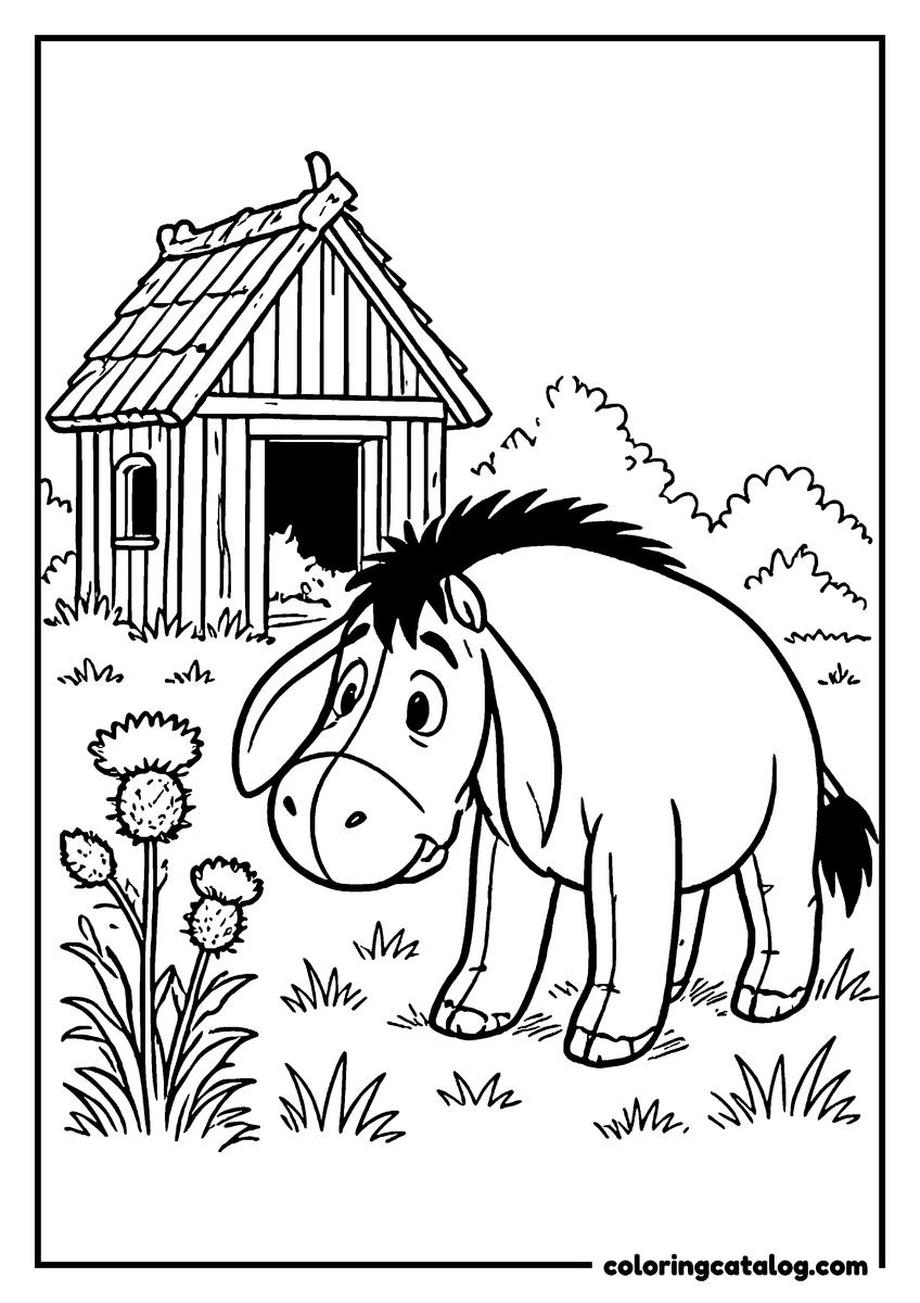 Winnie the Pooh coloring page of Eeyore standing next to his house of sticks and a thistle