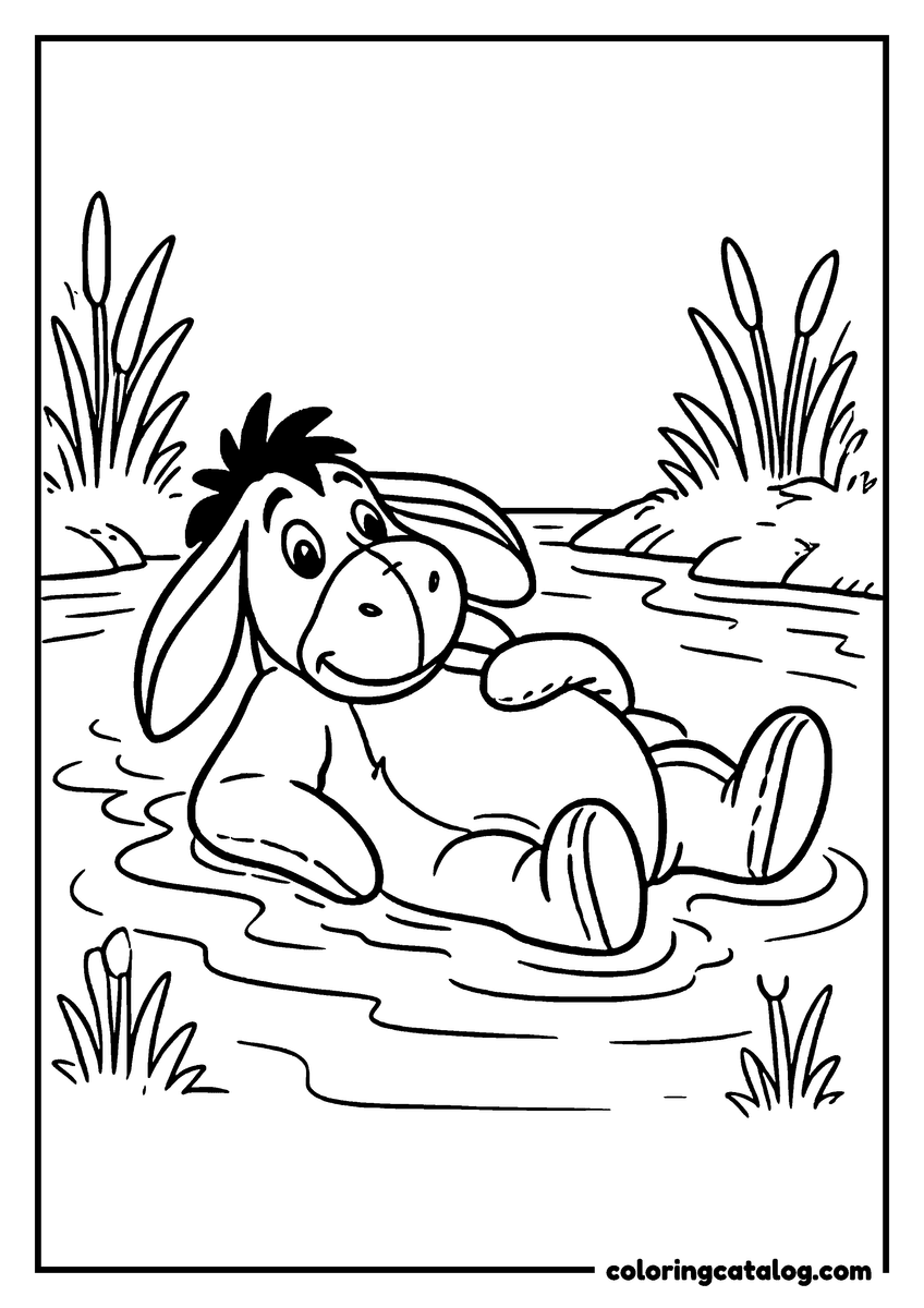 Winnie the Pooh coloring page of Eeyore floating on his back in a stream among the reeds