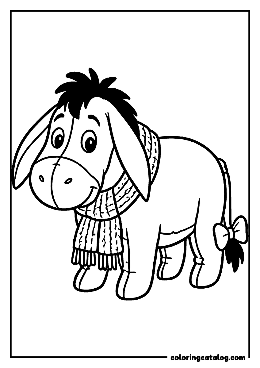 Winnie the Pooh coloring page of Eeyore wearing a knitted scarf with a bow on his tail